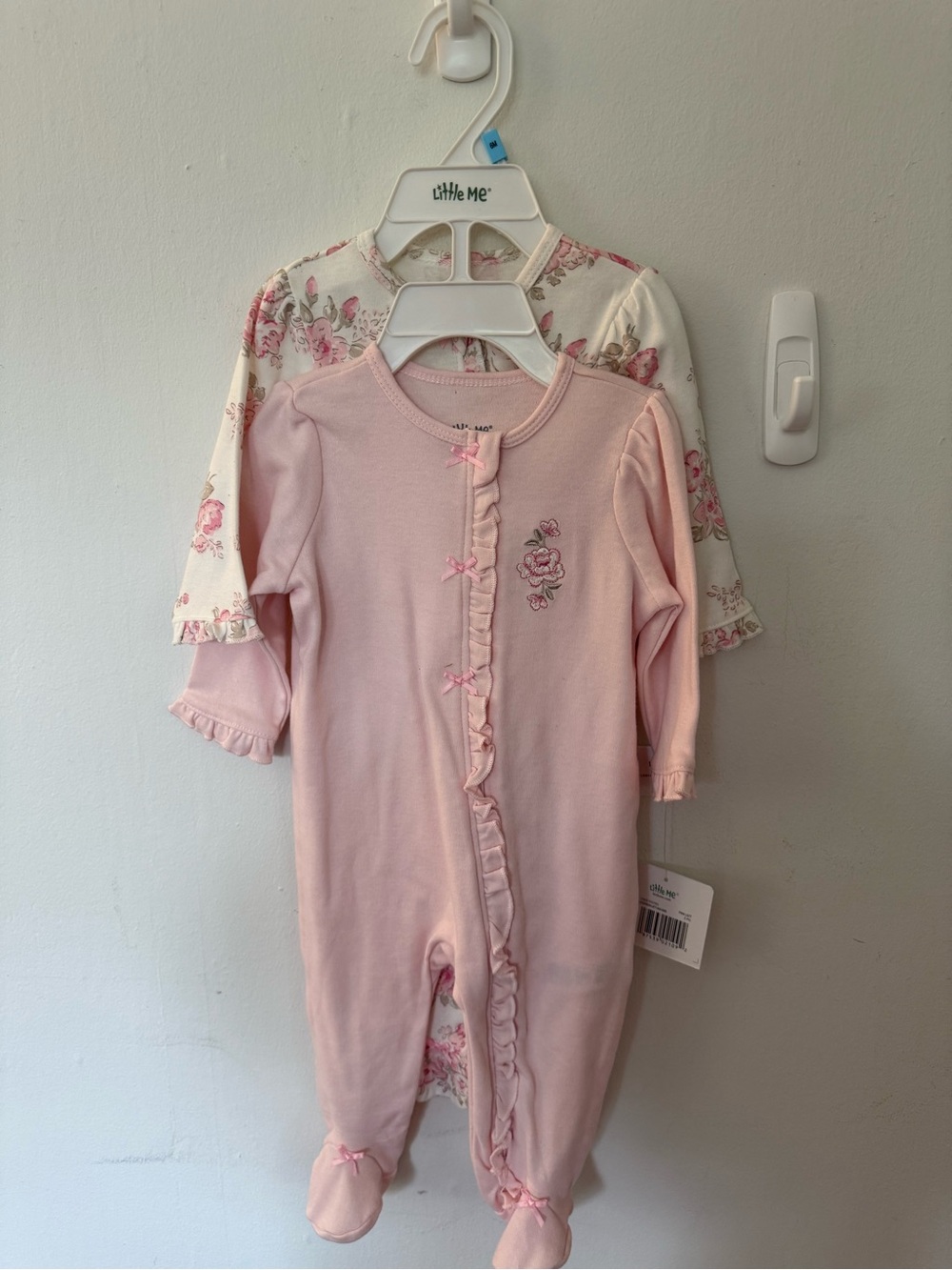 Little Me Pink and Cream Floral Ruffle Footed One-Piece Set